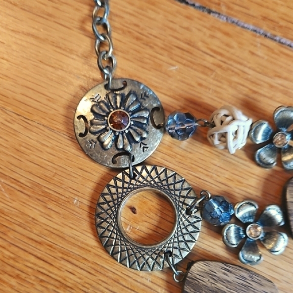 Mixed Metal and Wood Vintage Necklace, Tiered, Boho, Unique Statement Piece - Picture 2 of 5